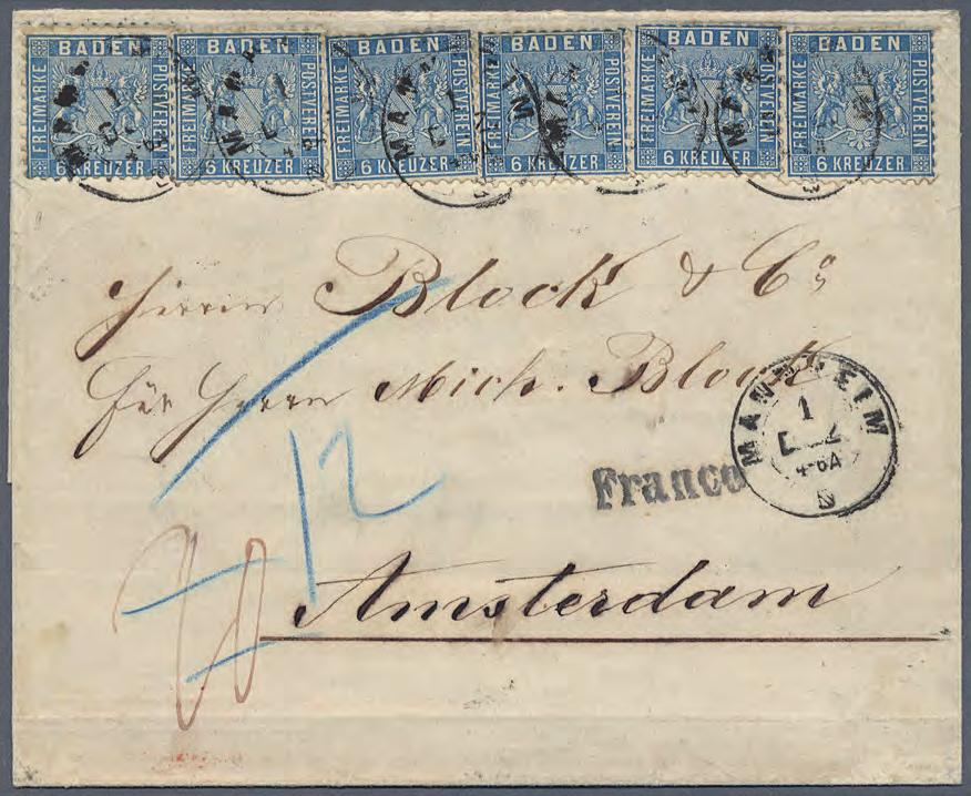 1862 Größte bekannte Mehrfachfrankatur der 6 Kreuzer preußischblau linierter Grund Sechs Exemplare der 6 Kreuzer preußischblau, linierter Grund, auf Briefhülle nach Amsterdam, entwertet mit
