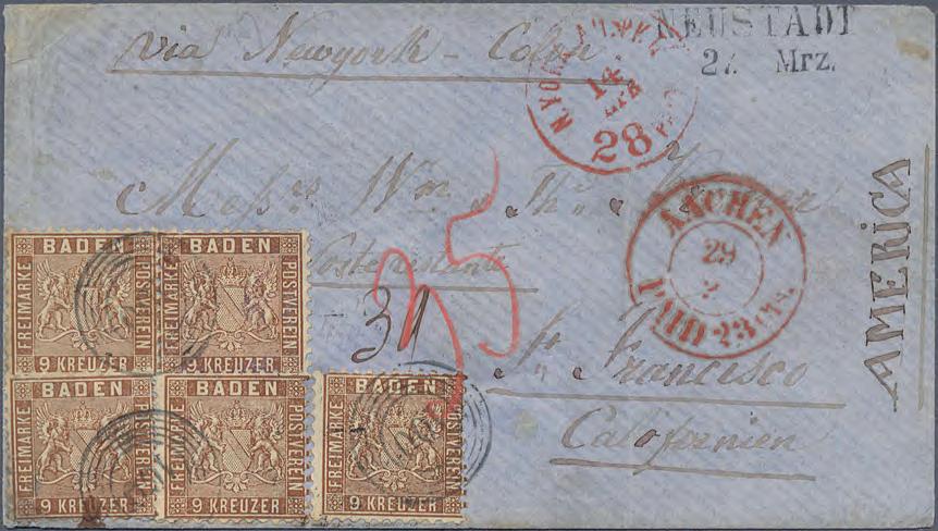 1862 45 Kreuzerfrankatur auf Brief in die USA Vor Fehlern waren die Postbeamten nicht gefeit.