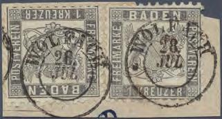 JUL. Mitte: zwei Exemplare der 1 Kreuzer silbergrau auf Briefstück, entwertet