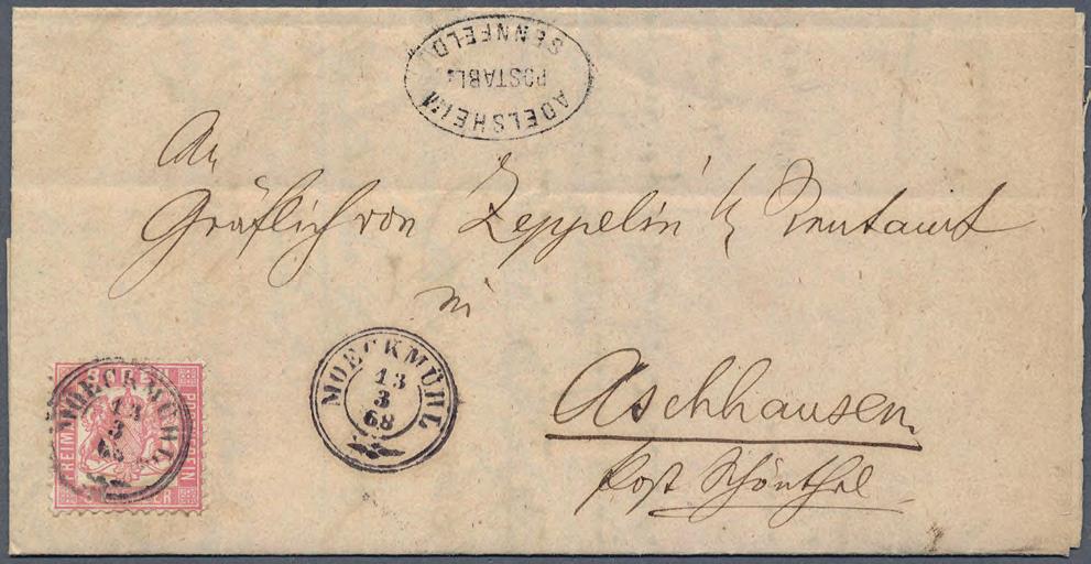 1862 Seltene Fremdentwertung: 3 Kreuzer rosa Doppelt verwendeter Brief mit Ovalstempel ADELSHEIM POSTABL: SENNFELD nach Aschhausen / Post Schöntal.