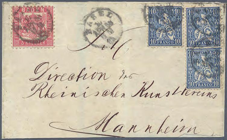 1862 Zweiländer-Mischfrankatur Baden und Schweiz 3 Kreuzer rosa in Länder Mischfrankatur mit 3 Exemplaren der Schweiz, Sitzende Helvetia, 10 Centimes blau.