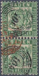 1862 Seltene Einheit: Paar der 18 Kreuzer grün Dieses senkrechte Paar der 18 Kreuzer grün von 1862 ist mit dem Fünfringnummernstempel 109 von Pforzheim entwertet.