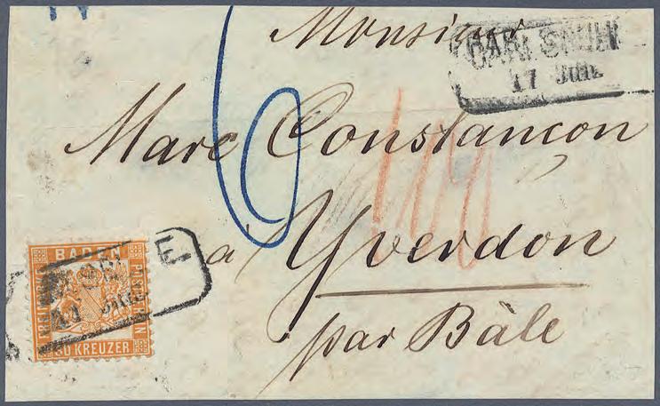 1862 Seltene Einzelfrankatur der 30 Kreuzer gelborange Großer Teil einer Briefvorderseite eines Briefes aus Karlsruhe nach Yverdon in der Schweiz.