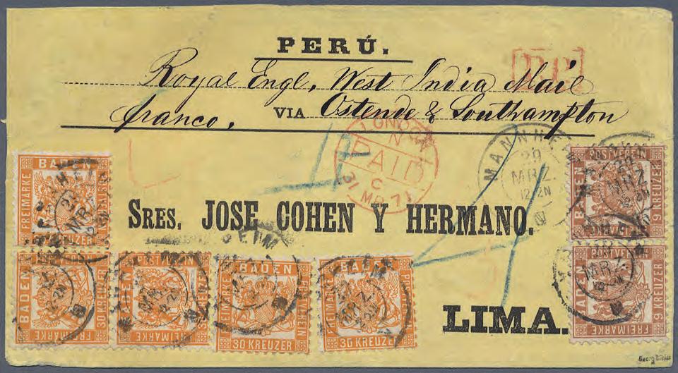 1862/66 177 Kreuzer Frankatur mit 5x 30 Kreuzer gelborange Fünf Exemplare der 30 Kreuzer gelborange und ein waagerechtes Paar der 9 Kreuzer rötlichbraun auf Brief nach Lima (Peru).