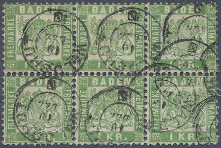 1868 Seltene Einheit: waagerechter Sechserblock der 1 Kreuzer grün Dieser dekorative, seltene waagerechte