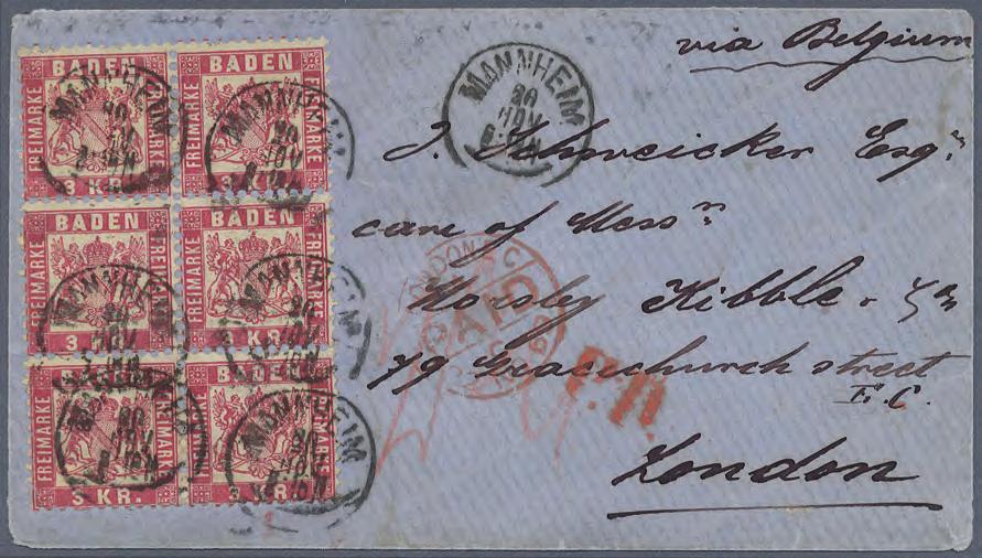 1868 Größte bekannte Einheit der 3 Kreuzer rosarot auf Brief Ein portorichtiger Brief aus Mannheim nach London entsprechend des Tarifes von 1868.