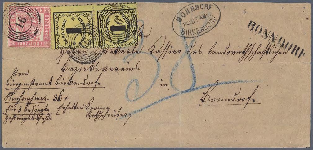 1862 Seltene Mischfrankatur von Landpost-Porto- und Freimarken Vorderseite eines Nachnahmebriefes aus Birkendorf (Stempel BONNDORF POSTABL. BIRKEN DORF ) nach Bonndorf.