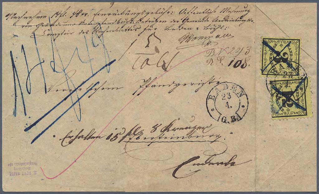 1862 12 Kreuzer Landpostmarke auf Nachnahmebrief Nachnahmebrief aus Baden nach Ebersteinburg im eigenen Zustellbezirk. Die geklebten Marken entsprechen der Nachnahmeprovision (1 Kr.