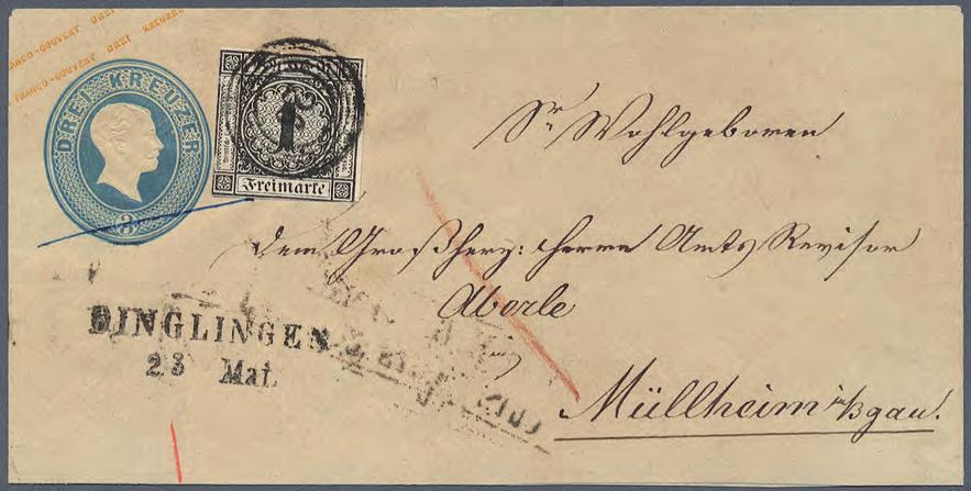 1853/58 3 Kreuzer Ganzsachenumschlag mit 1 Kreuzer Zusatzfrankatur Brief von Dinglingen nach Müllheim. Der 3 Kreuzer Wertstempel deckt das Franko für die 1.