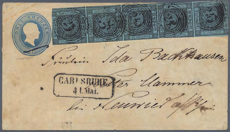 1858 Ganzsachenumschlag mit Zusatzfrankatur aus fünf ungezähnten Marken Brief der 2.