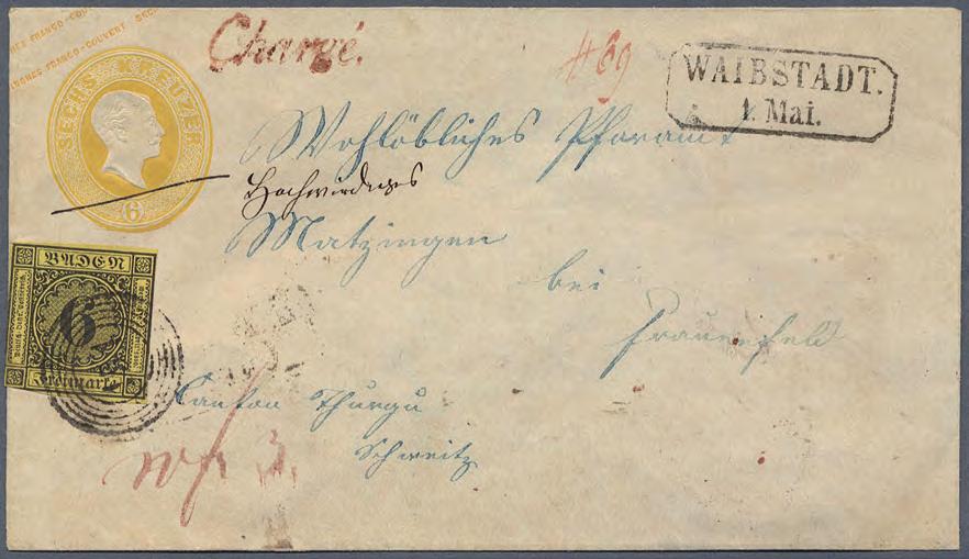 1858 Ganzsache mit Zusatzfrankatur als Chargé-Brief in die Schweiz Portorichtig frankierter 6 Kreuzer Ganzsachenumschlag mit 6 Kreuzer Zusatzfrankatur nach dem Tarif von 1855: 9 Kreuzer
