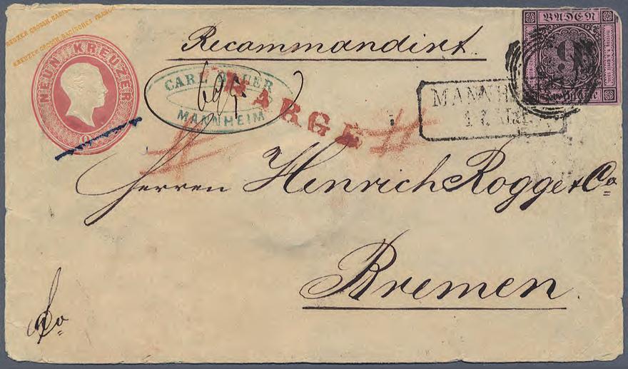 1851/58 9 Kreuzer Ganzsachenumschlag als Chargé-Brief 9 Kreuzer Ganzsachenumschlag mit 9 Kreuzer Zusatzfrankatur als Chargé Brief aus Mannheim nach Bremen.