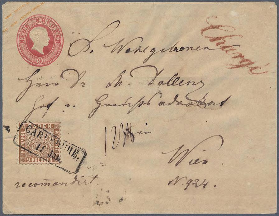 1858/60 Ganzsachenumschlag mit Zusatzfrankatur als Chargé-Brief 9 Kreuzer Ganzsachenumschlag (sog. B Format) mit Zusatzfrankatur 9 Kreuzer braun als Chargébrief adressiert nach Wien.