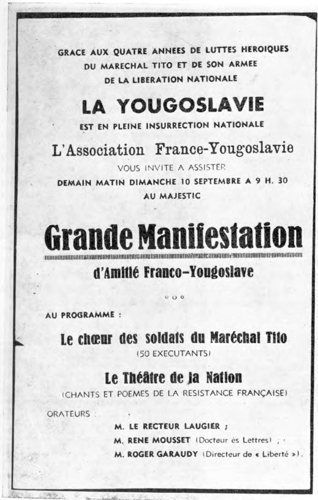 Vabilo združenja»francija-jugoslavija«na manifestacijo