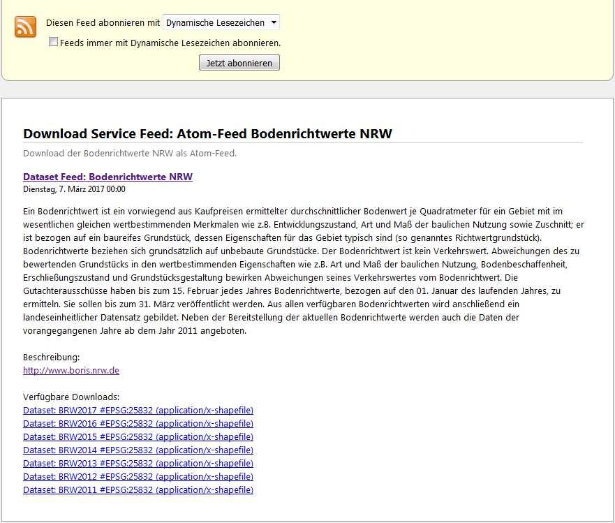 Beispiel-Atom-Feed Titel (B.1) & Zusammenfassung (B.3) Dienst-Metadaten Link zum Datasetfeed http://www.gisrest.nrw.