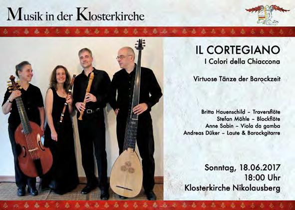 Termine Das erste Konzert in der neuen Reihe Musik in der Klosterkirche : Il Cortegiano I Colori della Chiaccona Virtuose Tänze der Barockzeit Werke von Monteverdi, Purcell, Vivaldi und anderen