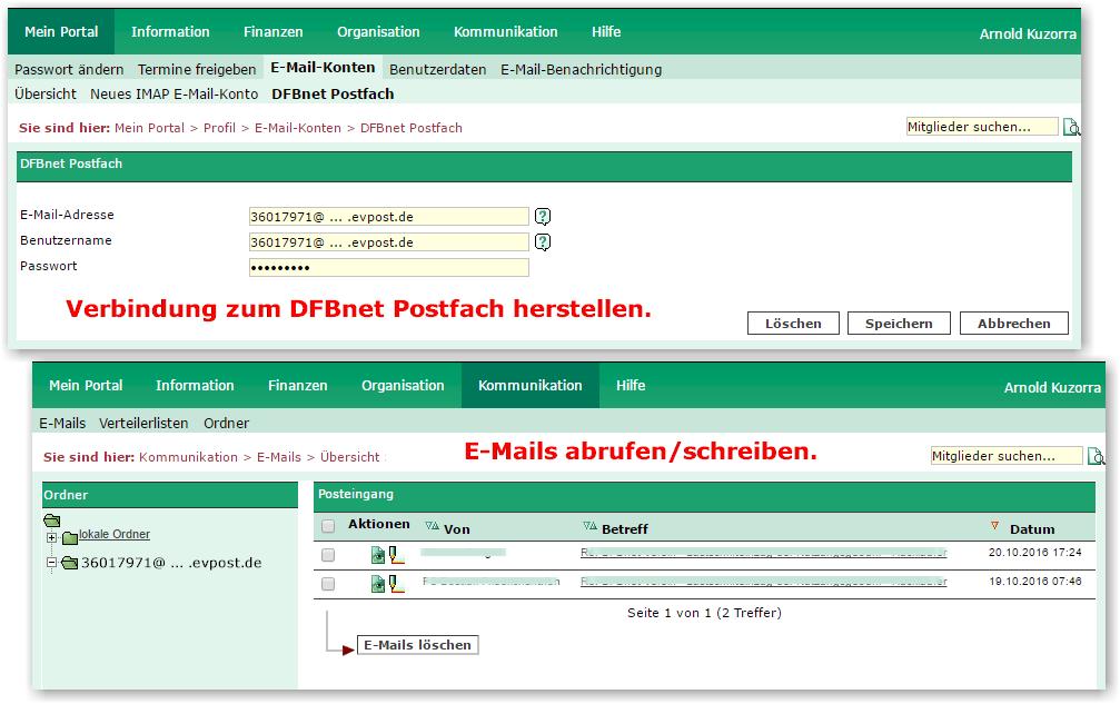 Abbildung: Eingabe- und Abrufseite für das DFBnet Postfach in DFBnet Verein.