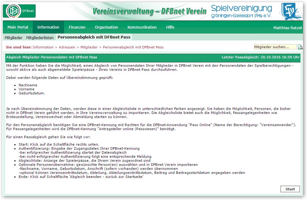 Abbildung: Die Startseite in DFBnet Verein für den Abgleich von Personen in DFBnet Verein mit Personen in Pass Online.