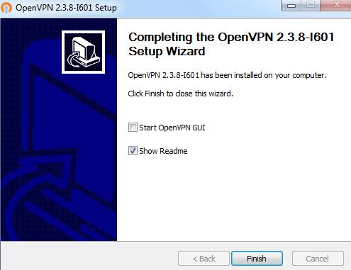 Klicken Sie auf Finish. Aktivieren Sie auf keinen Fall Start OpenVPN GUI. Die Installation ist noch nicht beendet!