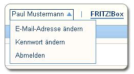 FRITZ!Box-Benutzer verwenden Schnellzugriff auf das eigene Benutzerkonto In der oberen Navigationsleiste der FRITZ!Box- Benutzeroberfläche sehen Sie den Namen des FRITZ!