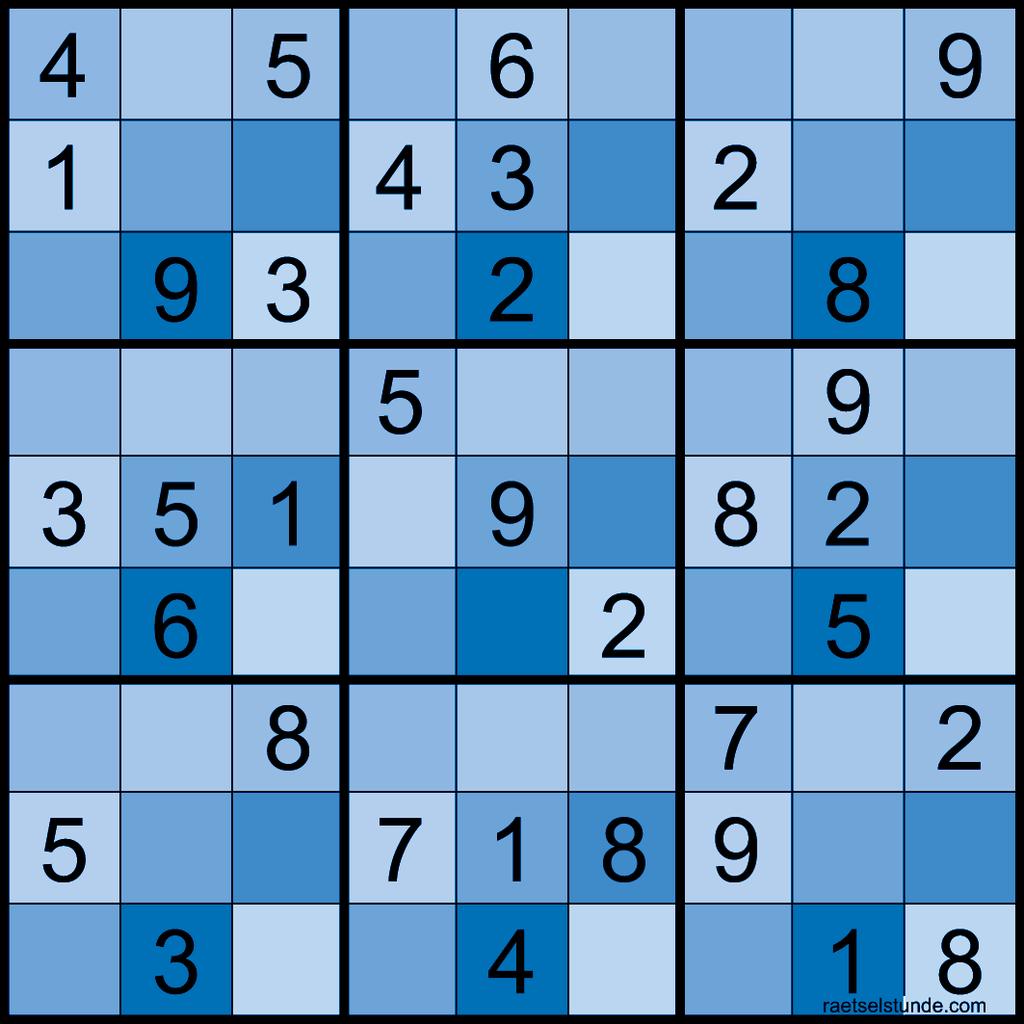 August 2014 Das Neun-x-Blau-Sudoku Grübeln in blauer Farbe: bei diesem Sudoku liefern Dir die bunten Felder noch einen zusätzlichen Tipp.