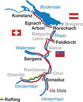 Nun fließt der Fluss vorbei an Liechtenstein und Österreich zum Bodensee. Die Route verläuft meist auf ruhigen Landstraßen, unbefestigten aber gut befahrenen Forstwegen oder eigenen Radwegen.