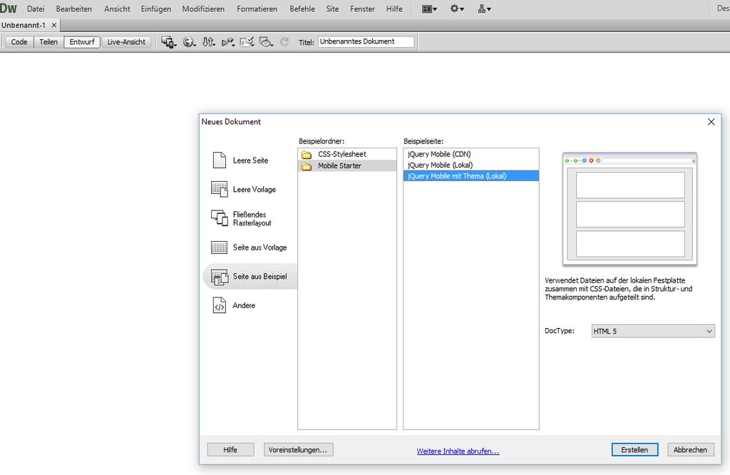 Mit Dreamweaver ab der Version CS5.5 lassen sich mit einer integrierten Funktion jquery Mobile Web-Apps erstellen.
