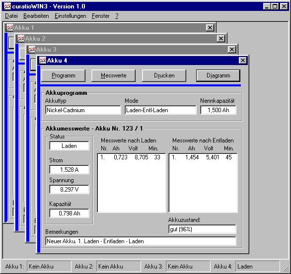 22 PC-Software für Windows curatiowin3 Erfassen und verwalten der Akkudaten und Akkuprogramme in einer Datenbank. Darstellung der Entlade-/Ladekurven oder nur Erfassung der gemessenen Endwerte wie z.