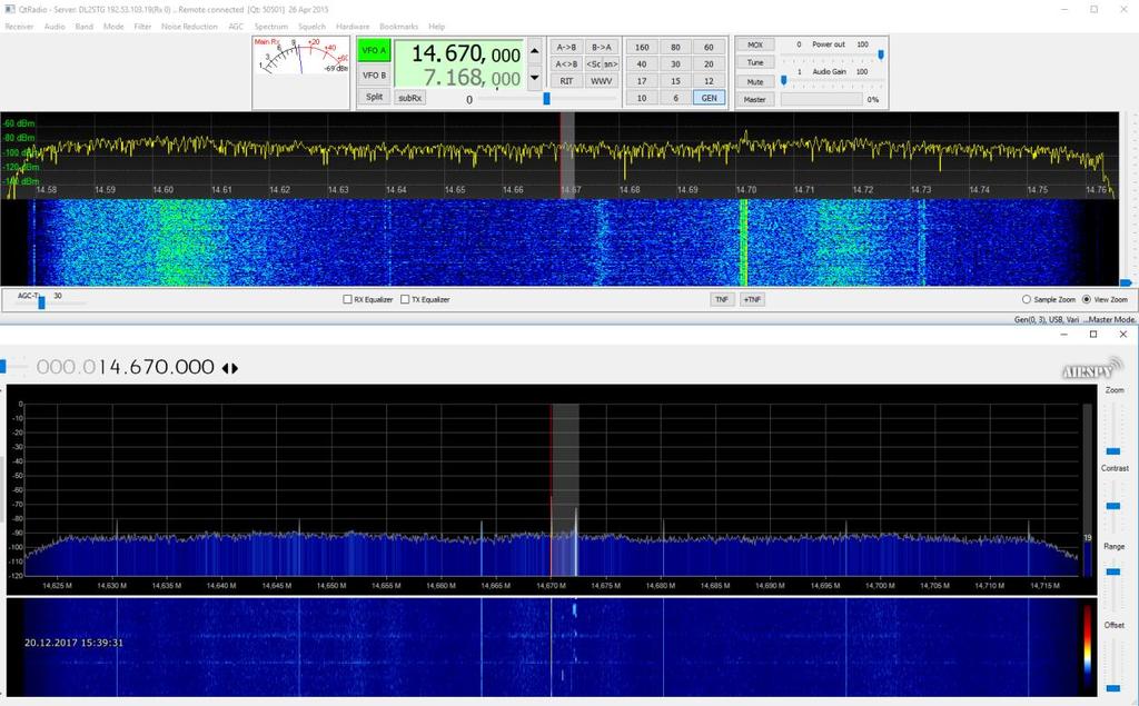 Bild 2: Oben Remote-Standort Braunschweig, Antenne 0. Nicht die Spur eines Signals und starke (lokale?) Störungen. Unten der gleichzeitige Empfang am Standort DK8OK mit sechs schwachen Störträgern.