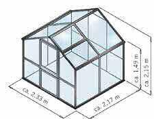 ) Verglasungsraster: 1,06 m Seitenwand / Traufenhöhe: 1,49 m Verglasung: 10-mm-ISO-Hohlkammerplatten aus hochbruchfestem