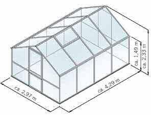 Verglasungsraster: 1,06 m Seitenwand / Traufenhöhe: 1,49 m Verglasung: 16-mm-ISO-Hohlkammerplatten aus hochbruchfestem Polycarbonat Außen: longlife -UV-geschützt Rückwandfenster mit Handaufsteller