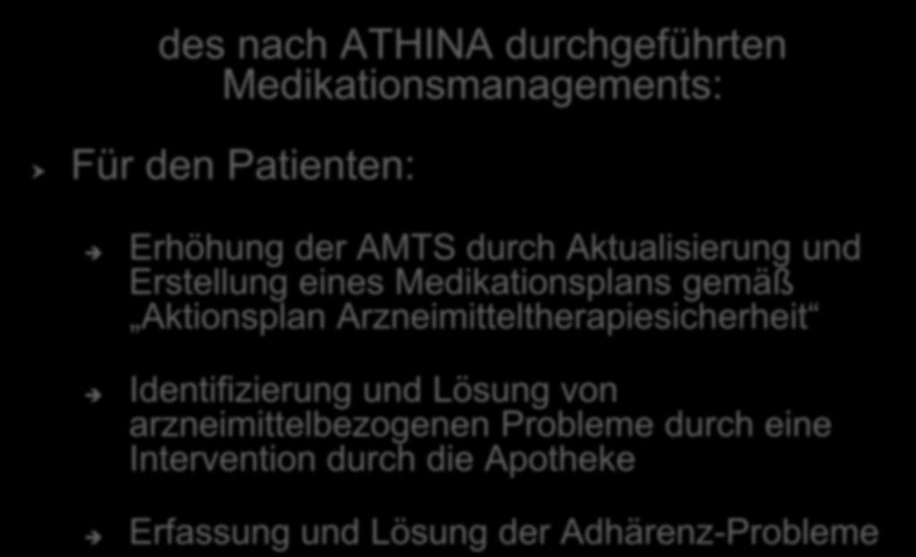 Vorteile des nach ATHINA durchgeführten Medikationsmanagements: Für den Patienten: Erhöhung der AMTS durch Aktualisierung und Erstellung eines Medikationsplans gemäß Aktionsplan