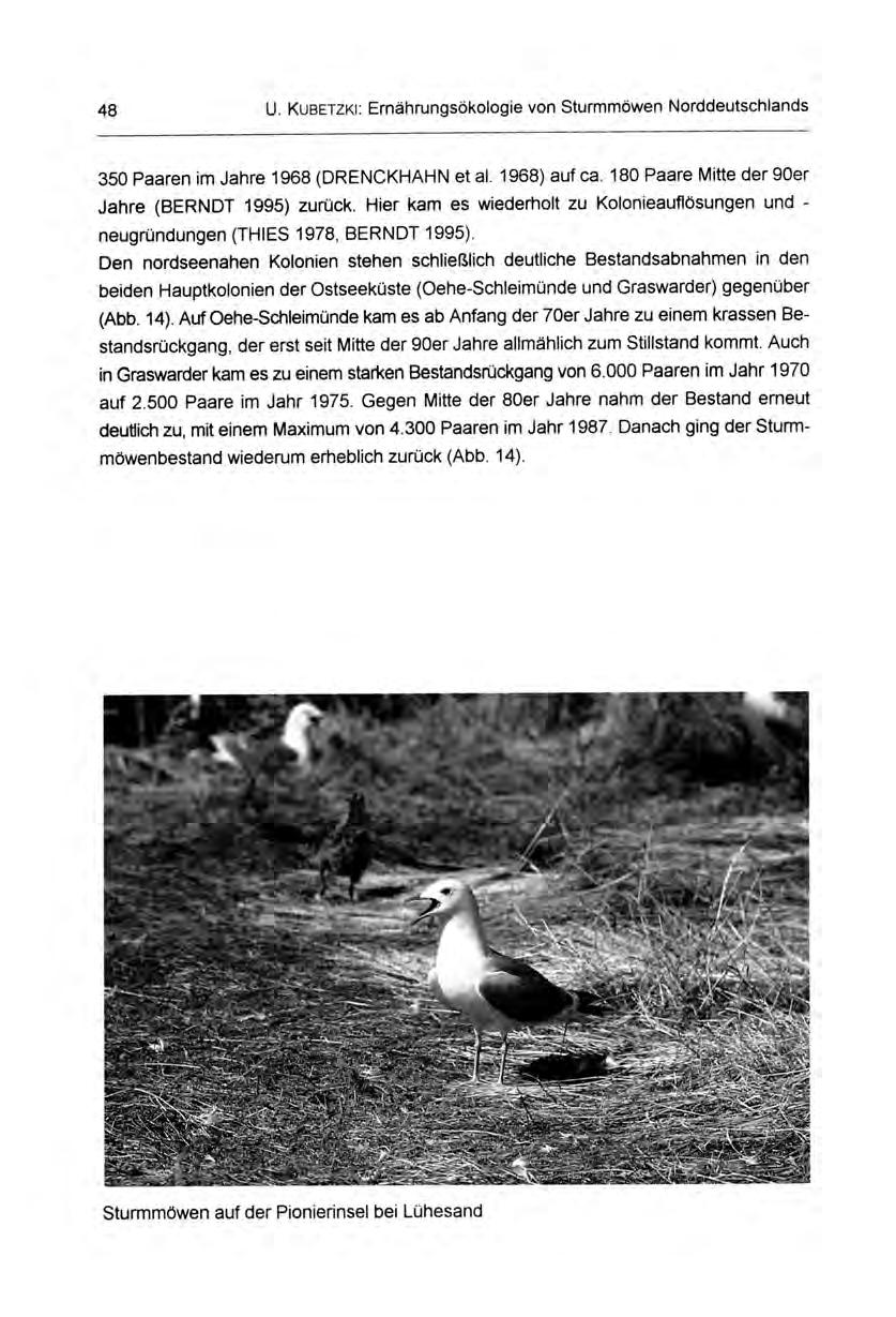 48 U. KuaErzki: Ernährungsökologie von Sturmmöwen Norddeutschlands 350 Paaren im Jahre 1968 (DRENCKHAHN et al. 1968) auf ca. 180 Paare Mitte der 90er Jahre (BERNDT 1995) zurück.