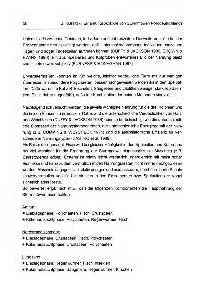 50 U. KueETzKi: Ernährungsökologie von Sturmmöwen Norddeutschlands Unterschiede zwischen Gebieten, Individuen und Jahreszeiten.
