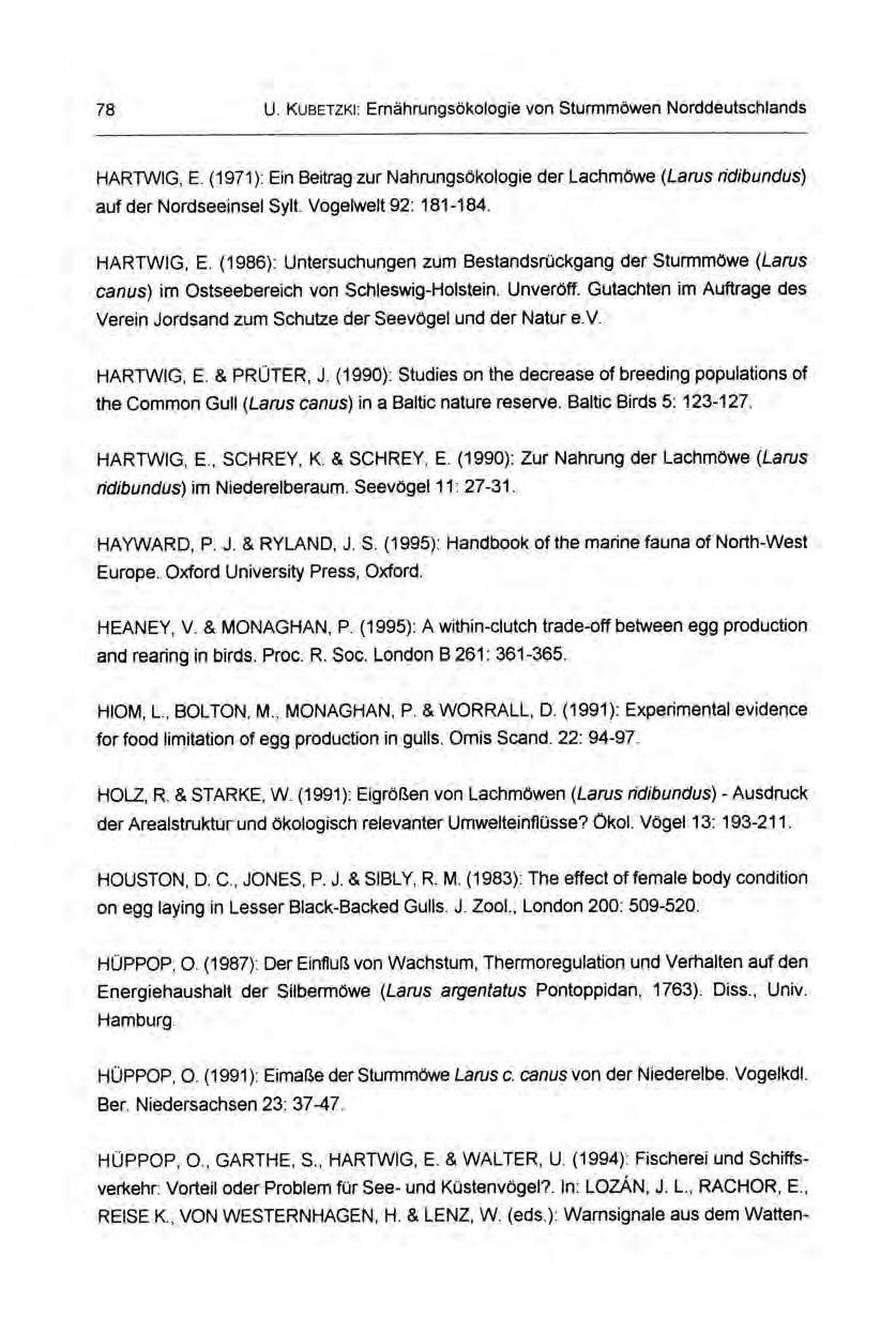 78 U. KuBETzki: Ernährungsökologie von Sturmmöwen Norddeutschlands HARTWIG, E. (1971): Ein Beitrag zur Nahrungsökologie der Lachmöwe (Larus ridibundus) auf der Nordseeinsel Sylt.