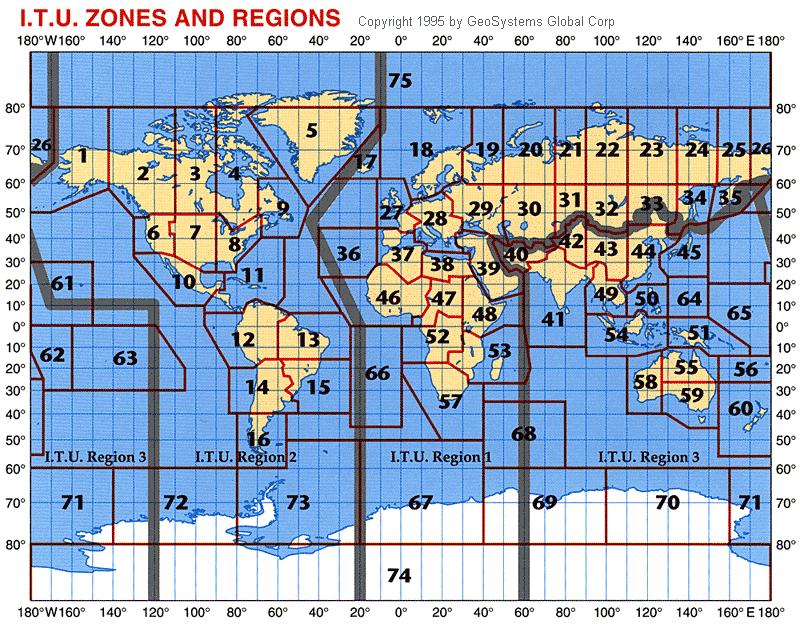 ITU-Zonen Die VO-Funk teilt die Welt in drei Zonen ein: 1: Europa, Afrika, Russland, Vorderasien 2: