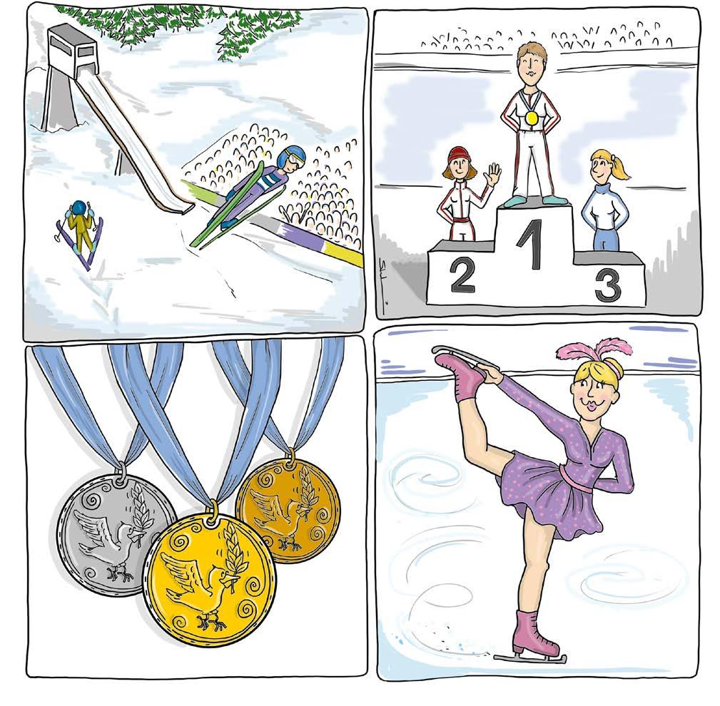 Olympische Winterspiele. die Skischanze. der Skispringer. die Tribüne. der Sieger. der Siegerpodest. die Goldmedaille. die Silbermedaille. die Bronzemedaille. die Eiskunstläuferin 0.