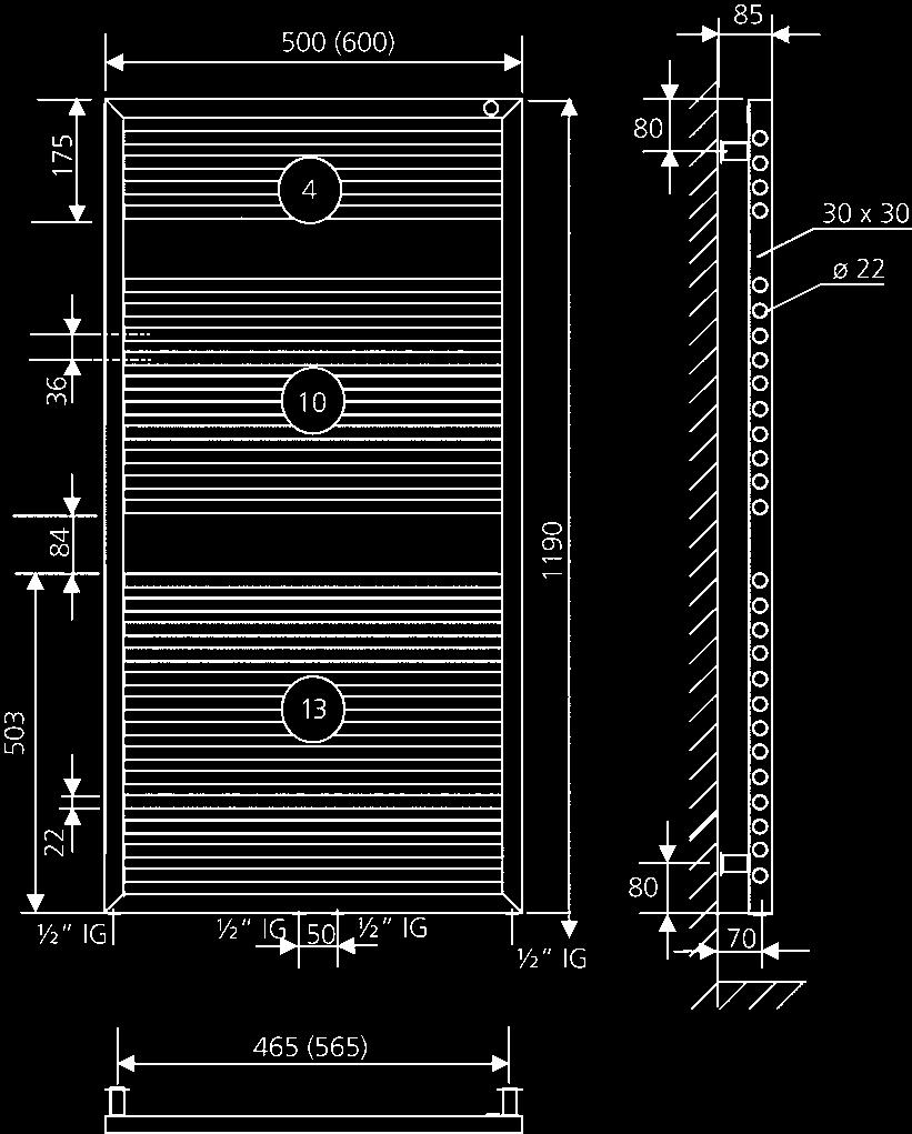 Mittenanschluss 2 x G ½ IG (Nabenabstand 50 mm) für Vorlauf- und Rücklaufanschluss an die Warmwasserheizungsanlage, unten zusätzlich 2 Anschlüsse G ½ IG in den