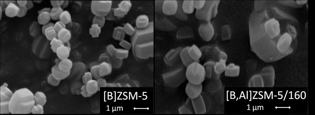 - 120-11.3. REM-Aufnahmen der Katalysatoren [B]ZSM-5 und [B,Al]ZSM-5 Die Beimischung von Borsäure zum Synthesegel führt zu kleineren Kristallen als bei der klassischen Synthese, nur mit Aluminium.