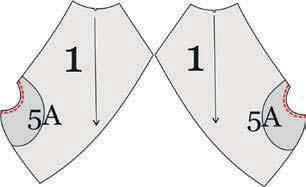 De patroondelen 5A op de voorkant (1) leggen (hierbij op de markeringen letten) en de rand voor de opening rechts op rechts naaien. Die Schnittteile 5A nach innen (links) wenden und bügeln.