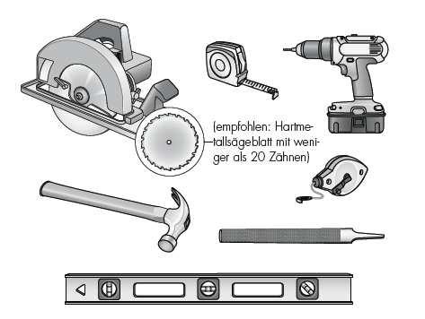 Verlegung von Lifecycle by UPM ProFi Werkzeuge: Kreissäge, elektrischer Schraubendreher, Gummihammer,