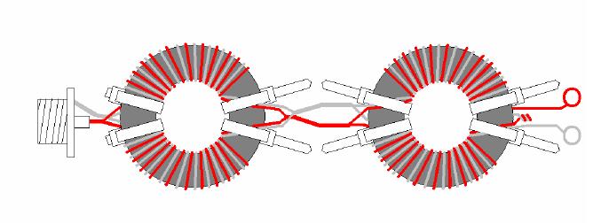 1:4 Hybridbalun nach Wipperman DG0SA (Strombalun auf der 50Ω Seite) 1 : 1 Strombalun (Gleichtaktdrossel) 1 : 4