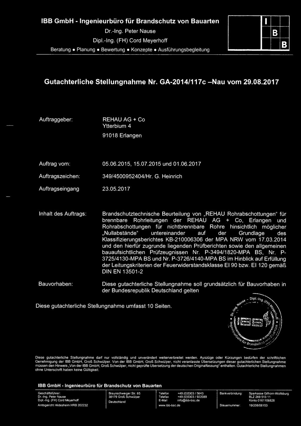 2015, 15.07.2015 und 01.06.2017 Auftragszeichen : Auftragseingang 349/4500952404/Hr. G. 23.05.