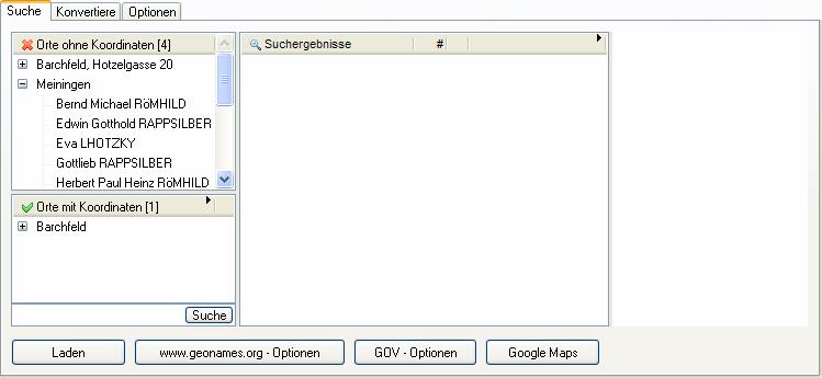 2.3. Laden der GEDCOM 5.5 (x) Datei und Ortsuche Durch Drücken der Schaltfläche Laden wird die im Feld GEDCOM 5.5 Datei ausgewählte Datei geladen, d.h., die Datei wird nach Orten durchsucht.