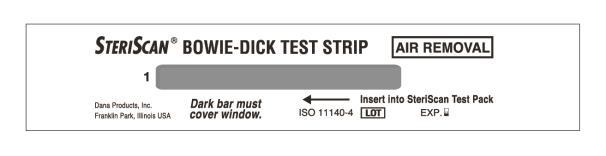 Beurteilung SteriScan BD-Test-Strip (Bowie-Dick-Test): a. Sterilisationsbedingungen erfüllt = Das Indikatorfenster ist komplett mit Indikatorfarbe gefüllt (blau bi