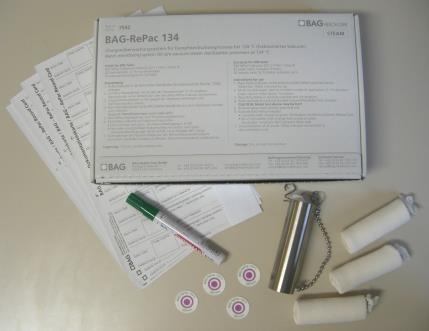BAG-RePac Chargenkontrolle für die Dampfsterilisation, mit chemischem Indikator Typ 6 gemäß DIN EN ISO 11140-1 BAG-RePac 121 C BAG-RePac 134 C BAG-RePac 18 Min. Best.-Nr.
