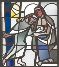 20,24-29) Im Treppenhaus zum Orgelboden ist der heilige Erzengel Michael (Q) zu sehen (Richard Süßmuth, 1954).