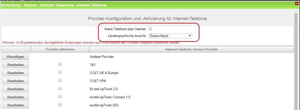 Provider-Konfiguration und -Aktivierung für Internet-Telefonie Keine Telefonie über Internet: -> uncheck Länderspezifische Ansicht: Deutschland und O2 All-IP Voice SIP auswählen. Bild 4.