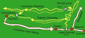 Wanderung 14: Juval - Tschars Staben Wegverlauf: Man fährt mit dem Linienbus von Algund nach Naturns zur Haltestelle Schnalserhof.