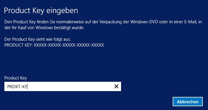 Geben Sie unter Product Key Ihren Windows Produktschlüssel ein: 4.